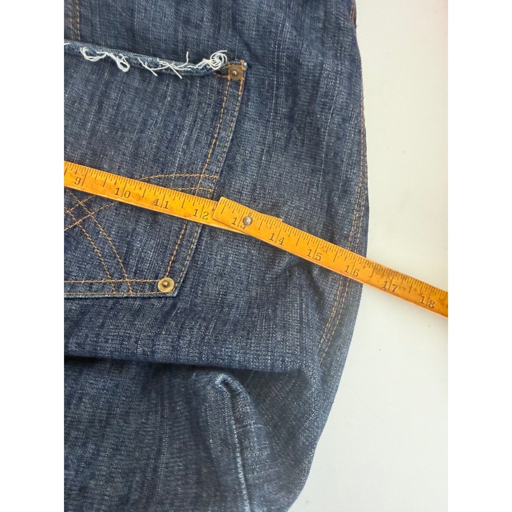 Upcycled Dark Wash Denim Tote Bag Frayed Pocket Indigo Blue Cotton Shoulder Bag - Picture 5 of 6